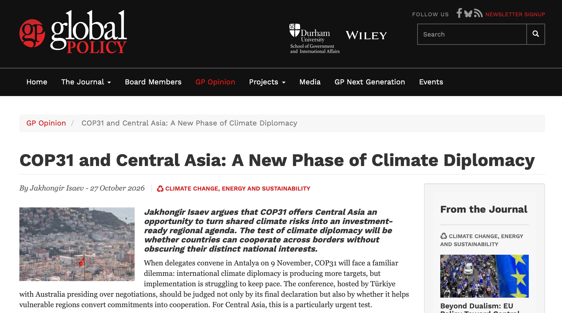 	Article by Sustainable Development Center Expert Published in Global Policy Journal
